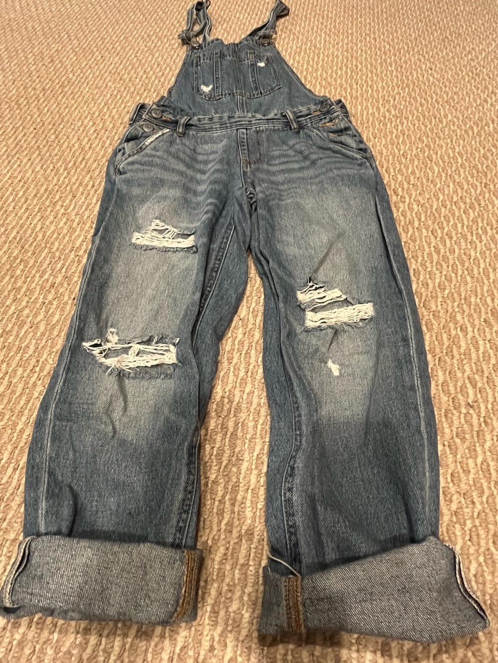 Women's Distressed Denim Overalls - Blue